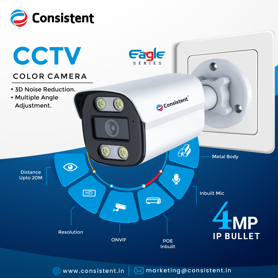 Consistent Eagle Series 4MP IP Indoor & Outdoor Bullet Camera, | Multiple Angle Adjustment | 3D Noise Reduction | Inbuilt MIC | Support ONVIF